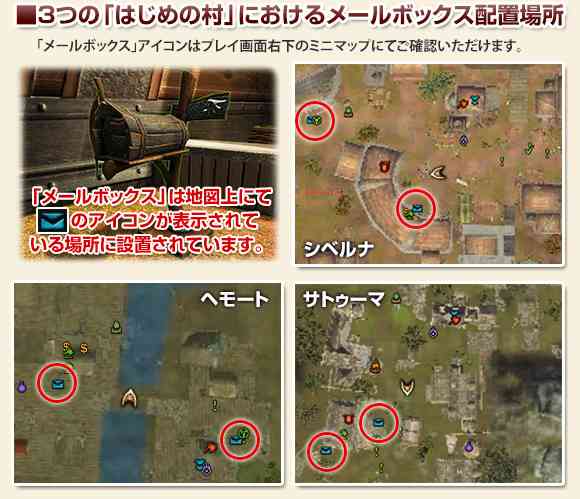 3つの「はじめの村」におけるメールボックス配置場所画像
