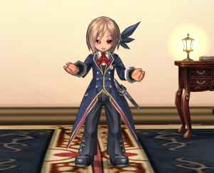 エミルクロニクルオンライン、「ロウゲツの羽飾り（紺）」「ロウゲツの執事服（黒・上）」「ロウゲツの執事服（黒・下）」「ロウゲツの靴（黒）」「守護者の鞘（銀）」画像