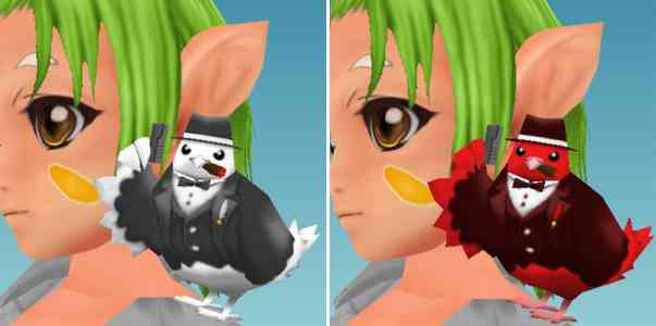 左から「肩乗りダンディ鳩」デフォルトカラー、赤で染色した場合