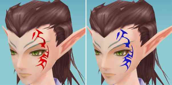 左から「フェイス タトゥー」デフォルトカラー、青で染色した場合